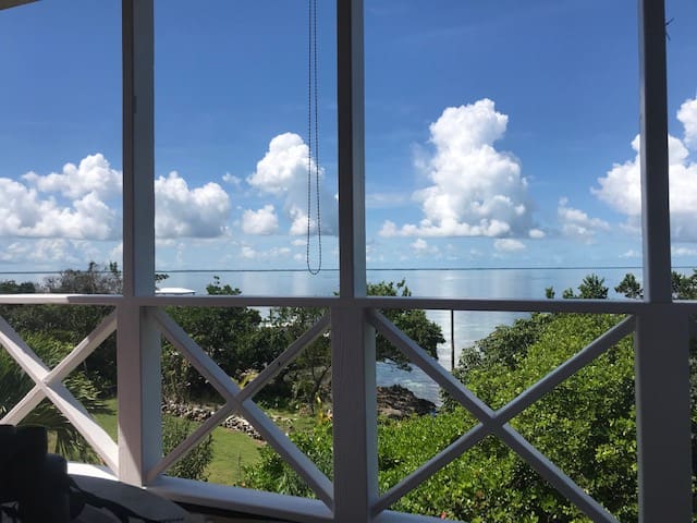A view of the ocean from inside a window.